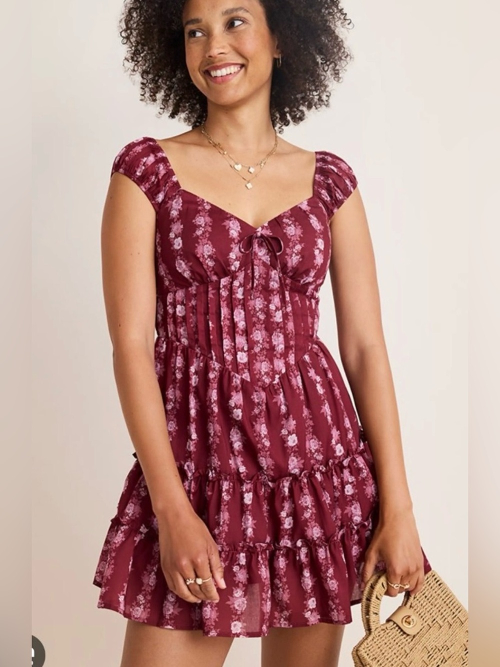 Francesca’s NWT Floral Smocked Ruffled Mini Dress - Burgundy Size M